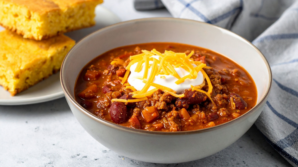 Hearty Vegan Chili With Cornbread Slices