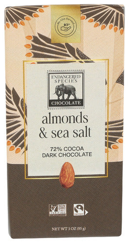 Endangered Species - 72% Cocoa Dark Chocolate Bar with Almonds & Sea Salt, 3oz