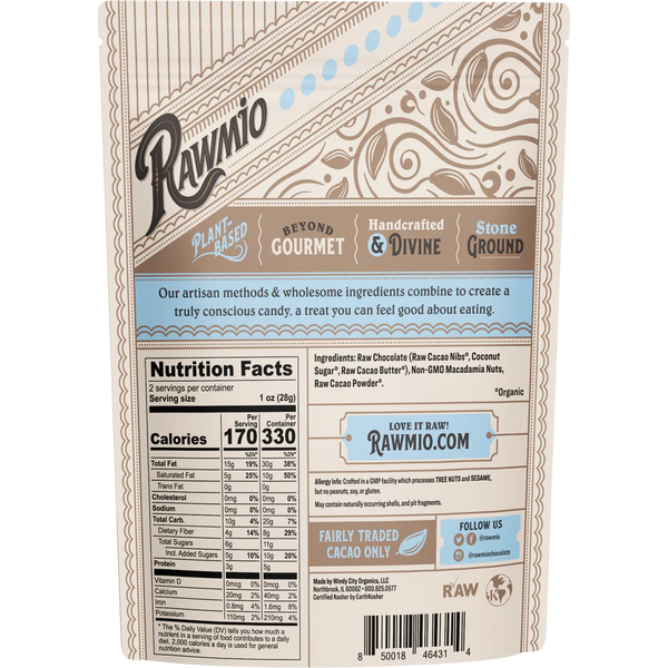 Rawmio - Chocolate Covered Macadamia Nuts - Dark Chocolate, 2oz