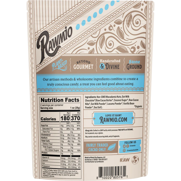 Rawmio - Chocolate Covered Macadamia Nuts - Oat Milk Chocolate, 2oz