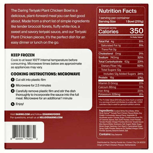 Daring - Teriyaki Plant Chicken Bowl, 9oz - Back
