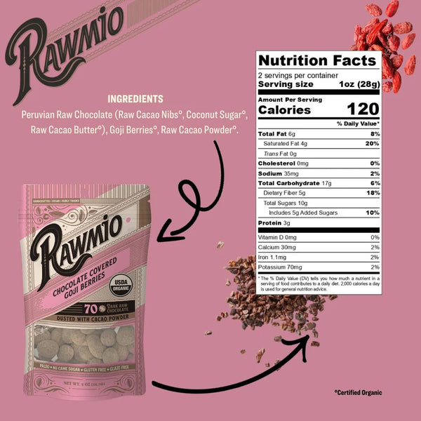 Rawmio - Chocolate Covered Goji Berries - Dark Chocolate, 2oz