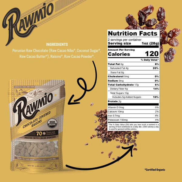 Rawmio - Chocolate Covered Raisins - Dark Chocolate, 2oz