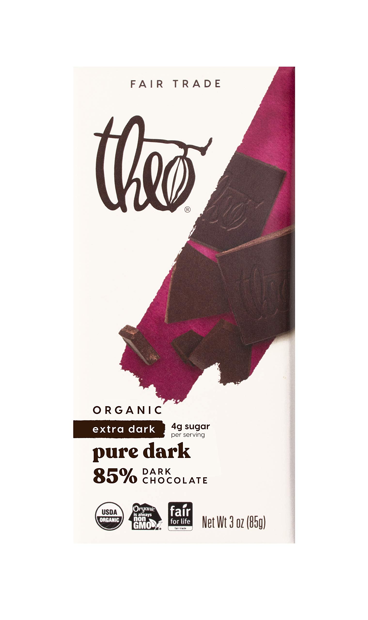 Theo Chocolate Pure Organic Dark Chocolate Bar 85% Cacao, 3Oz | Pack of 12