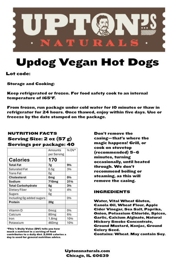 Upton's Naturals - Updog Vegan Hot Dogs, Foodservice, 50ct