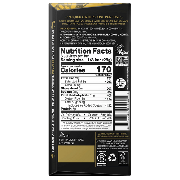 Divine - 70% Cocoa Dark Chocolate Bar, 3oz