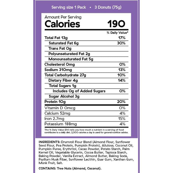 Drumroll Snacks - Mini Double Chocolate Donuts, 3 pack - back